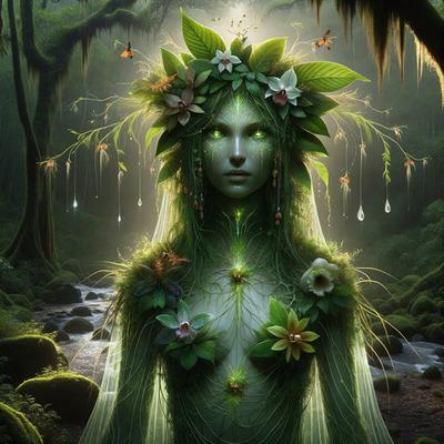 The primary subject of the image is a woman with a green plant growing out of her chest. She is wearing a flower crown and has a green plant growing out of her back. The setting is a forest, with a waterfall in the background. The visual style is a digital art illustration, and the colors and mood are lush and serene.